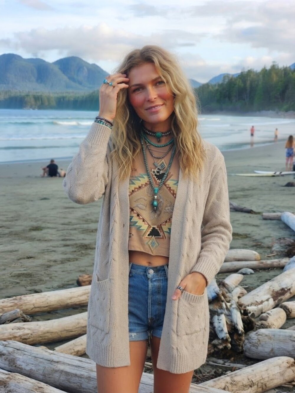 Hippie Rose Cozy Beige Cable-Knit Long Open Cardigan